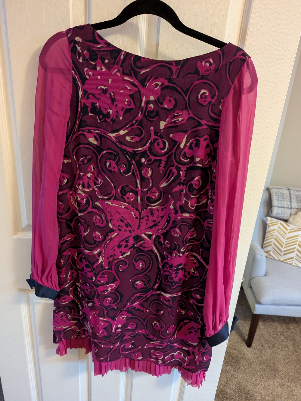 Tory Burch Fuchsia and Black Printed Long-Sleeve Pleated-Hem Dress